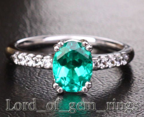 Prong Set Oval Emerald Diamond Engagement Ring 14k White Gold - Lord of Gem Rings