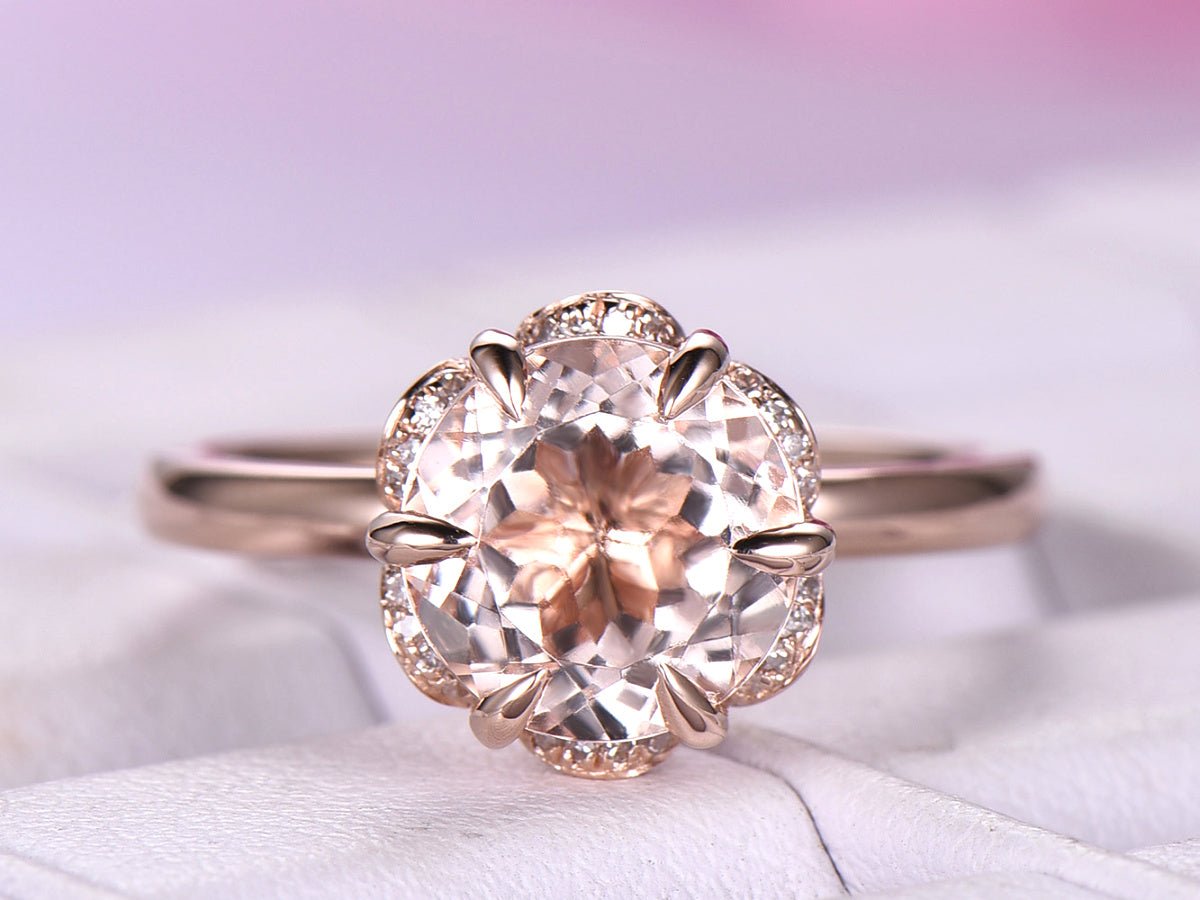 Reserved Bridal Set for Hanna: Round Moissanite Ring Diamond Floral Halo Ring, Floral Diamond Half Eternity Matching Band 14K Rose Gold - Lord of Gem Rings