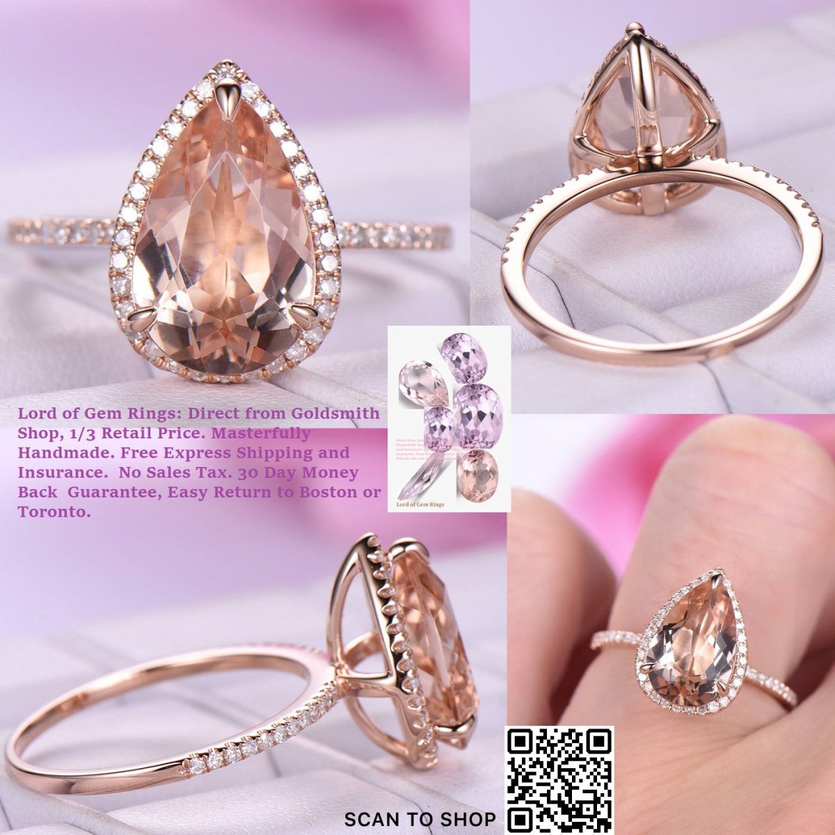 Reserved for AAA Elongated Pear Morganite Ring Diamond Halo 14K Rose Gold 8x12mm - Lord of Gem Rings