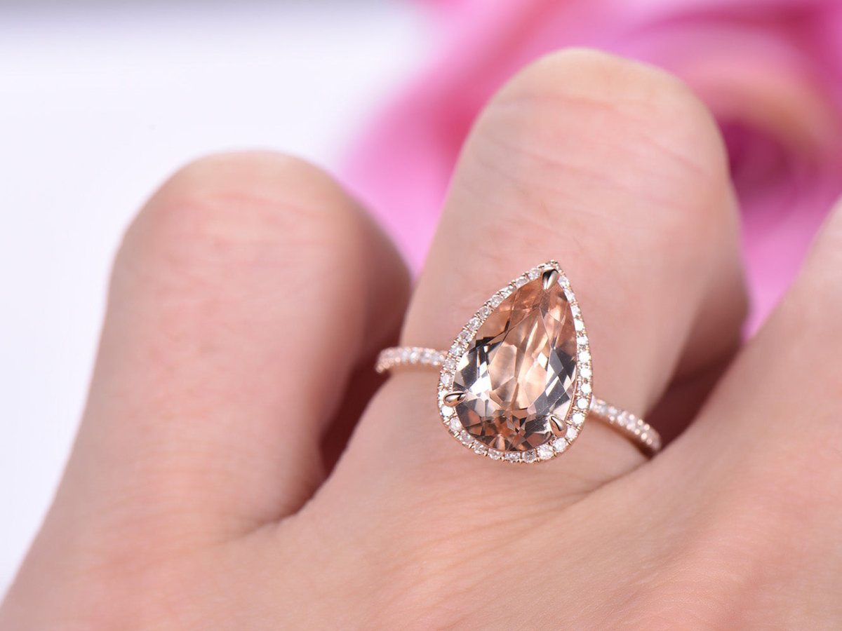 Reserved for AAA Pear Morganite Ring Diamond Halo 14K Rose Gold 8x12mm - Lord of Gem Rings