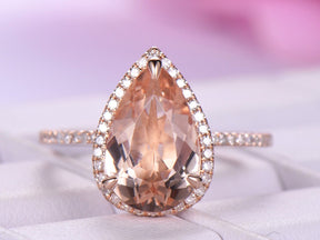 Reserved for AAA Pear Morganite Ring Diamond Halo 14K Rose Gold 8x12mm - Lord of Gem Rings