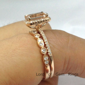 Reserved for Alisha Emerald Cut Morganite Ring Trio Sets Diamond Art Deco Bands 14K Rose Gold - Lord of Gem Rings