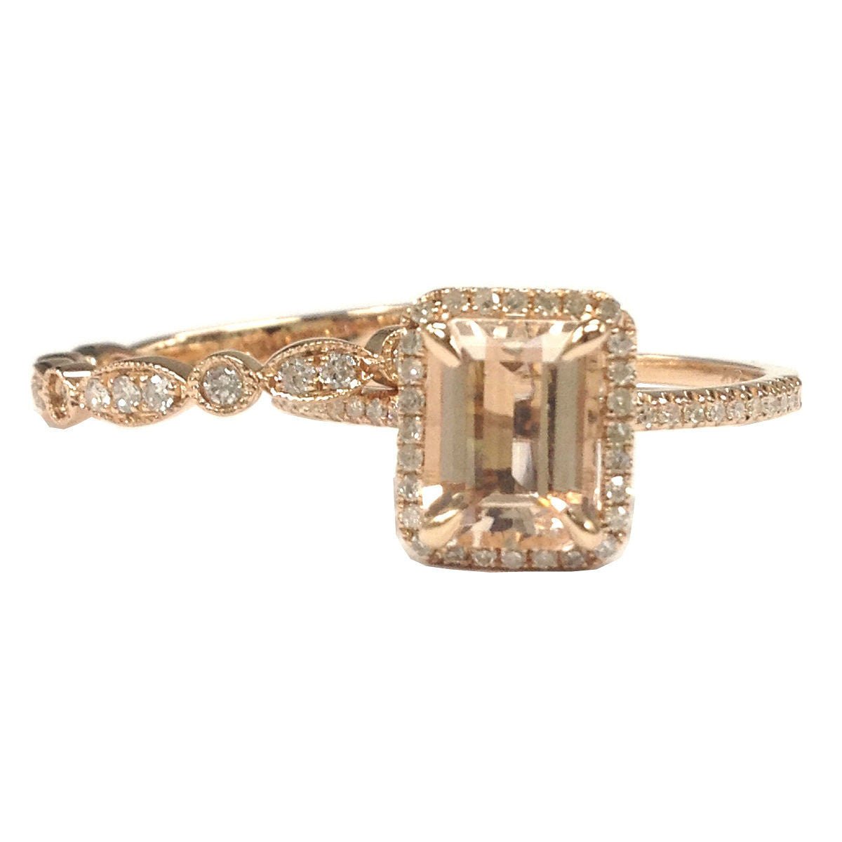 Reserved for Alisha Emerald Cut Morganite Ring Trio Sets Diamond Art Deco Bands 14K Rose Gold - Lord of Gem Rings