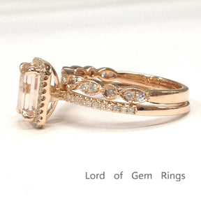 Reserved for Alisha Emerald Cut Morganite Ring Trio Sets Diamond Art Deco Bands 14K Rose Gold - Lord of Gem Rings