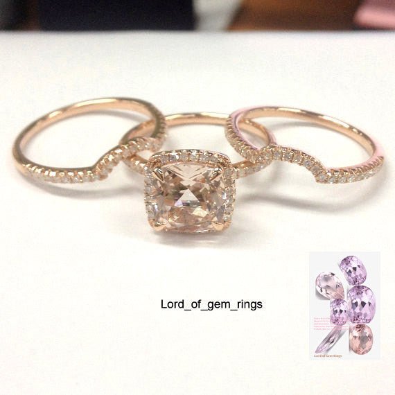Reserved for alison. Cushion Morganite Engagement Ring Trio Set 14K White Gold 9mm - Lord of Gem Rings