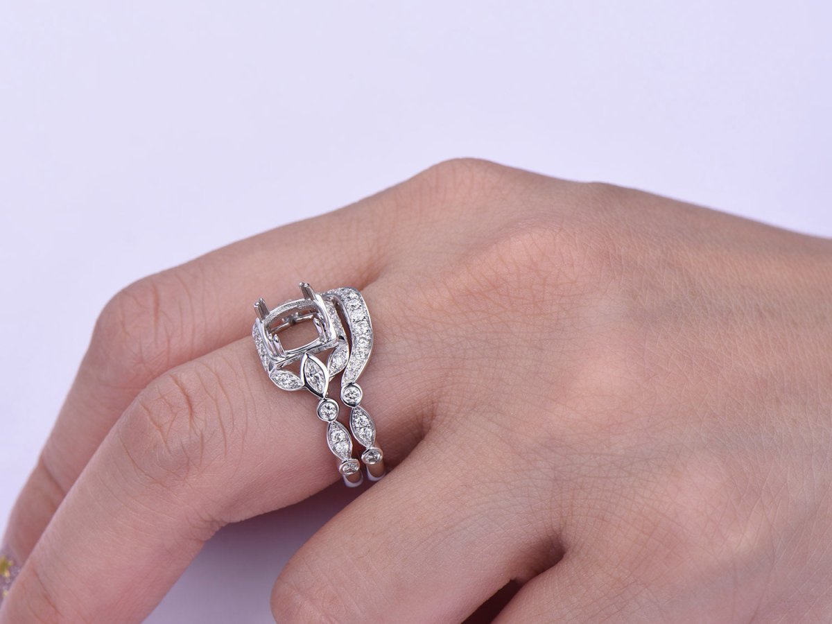 Reserved for Audrey Diamond Floral Shank Semi Mount Ring Set 14K White Gold Cushion - Lord of Gem Rings