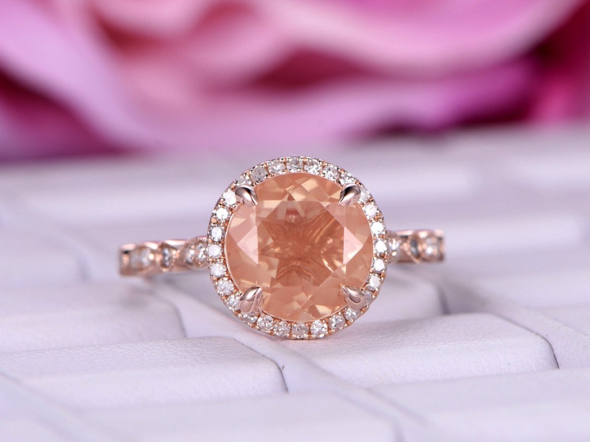 Reserved for Fdark- Round Sunstone Ring Diamond Art Deco Shank 14K Rose Gold 9mm - Lord of Gem Rings