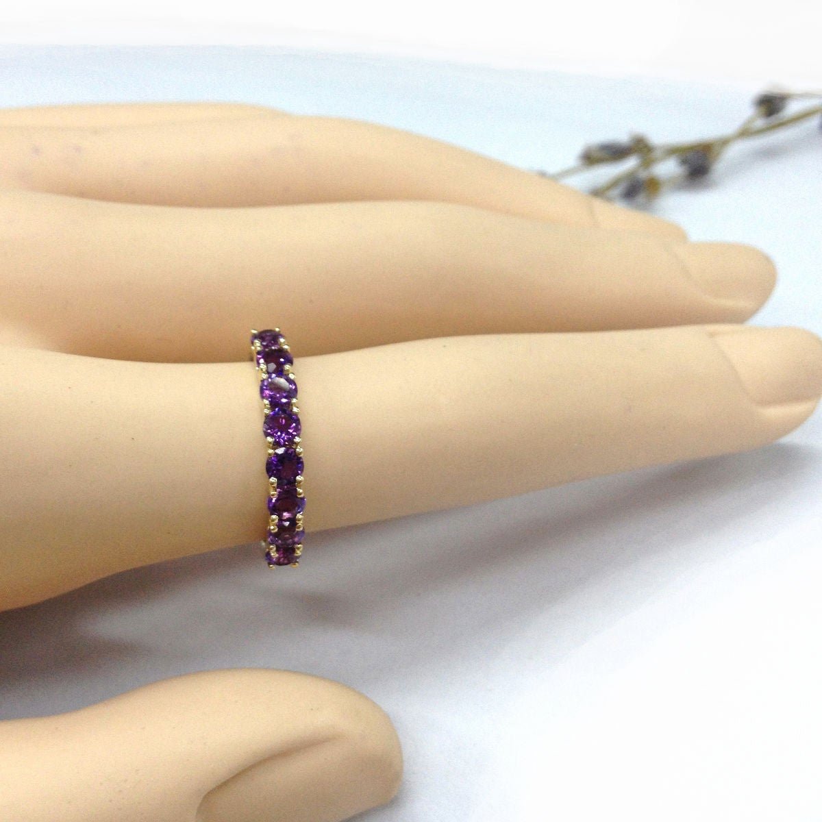 Reserved for Gillian Amethyst Wedding Band Half Eternity 14K Yellow Gold 5mm 8 stones - Lord of Gem Rings