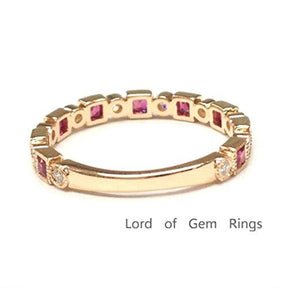 Reserved for Jessica-14k White Gold Princess Pink Sapphire & Diamond Wedding Band 3/4 Eternity Anniversary Ring - Lord of Gem Rings