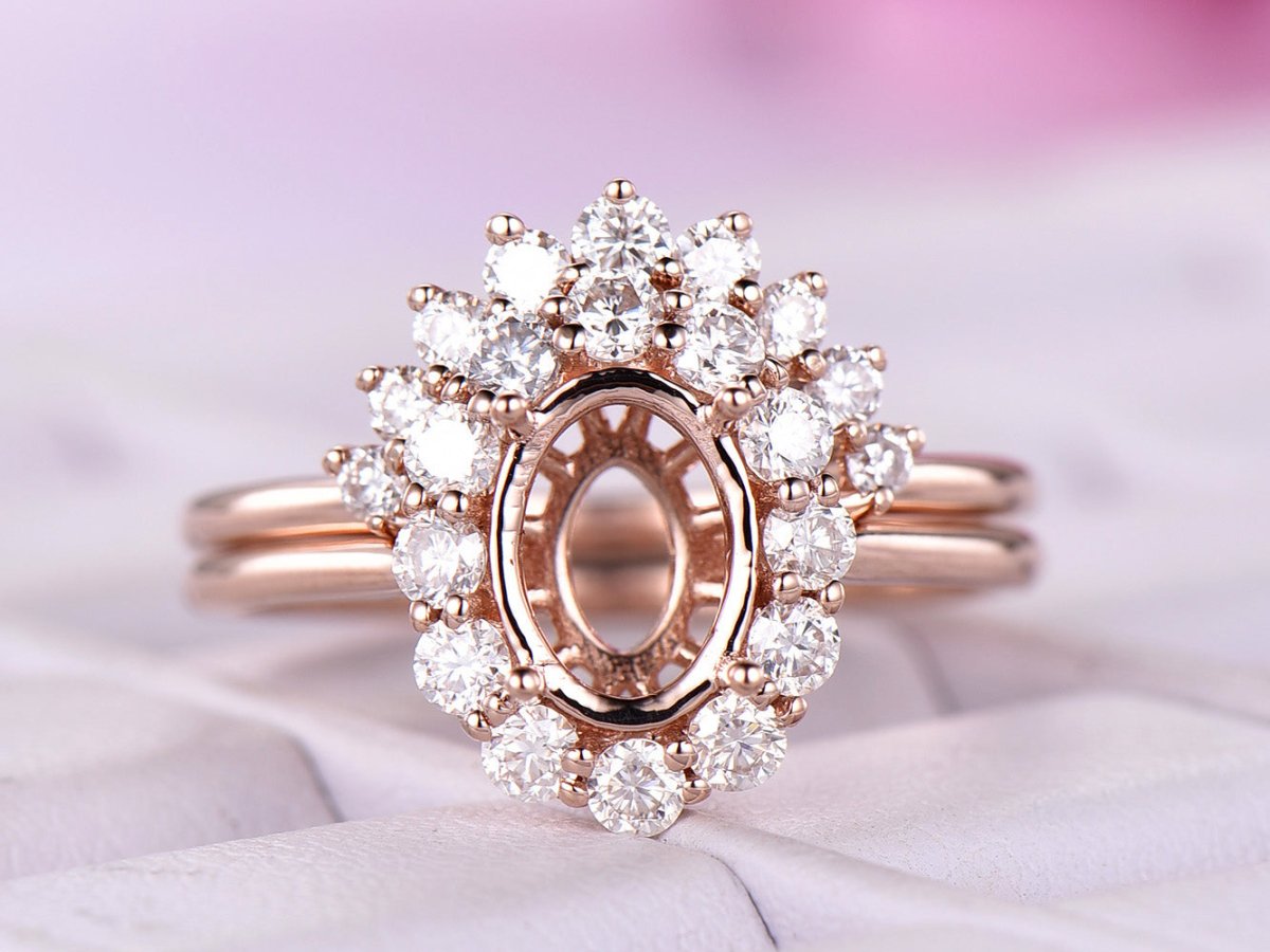 Reserved for JY Custom Semi Mout Ring Set Moissanite Halo Plain Shank 14K Rose Gold 6x8mm - Lord of Gem Rings