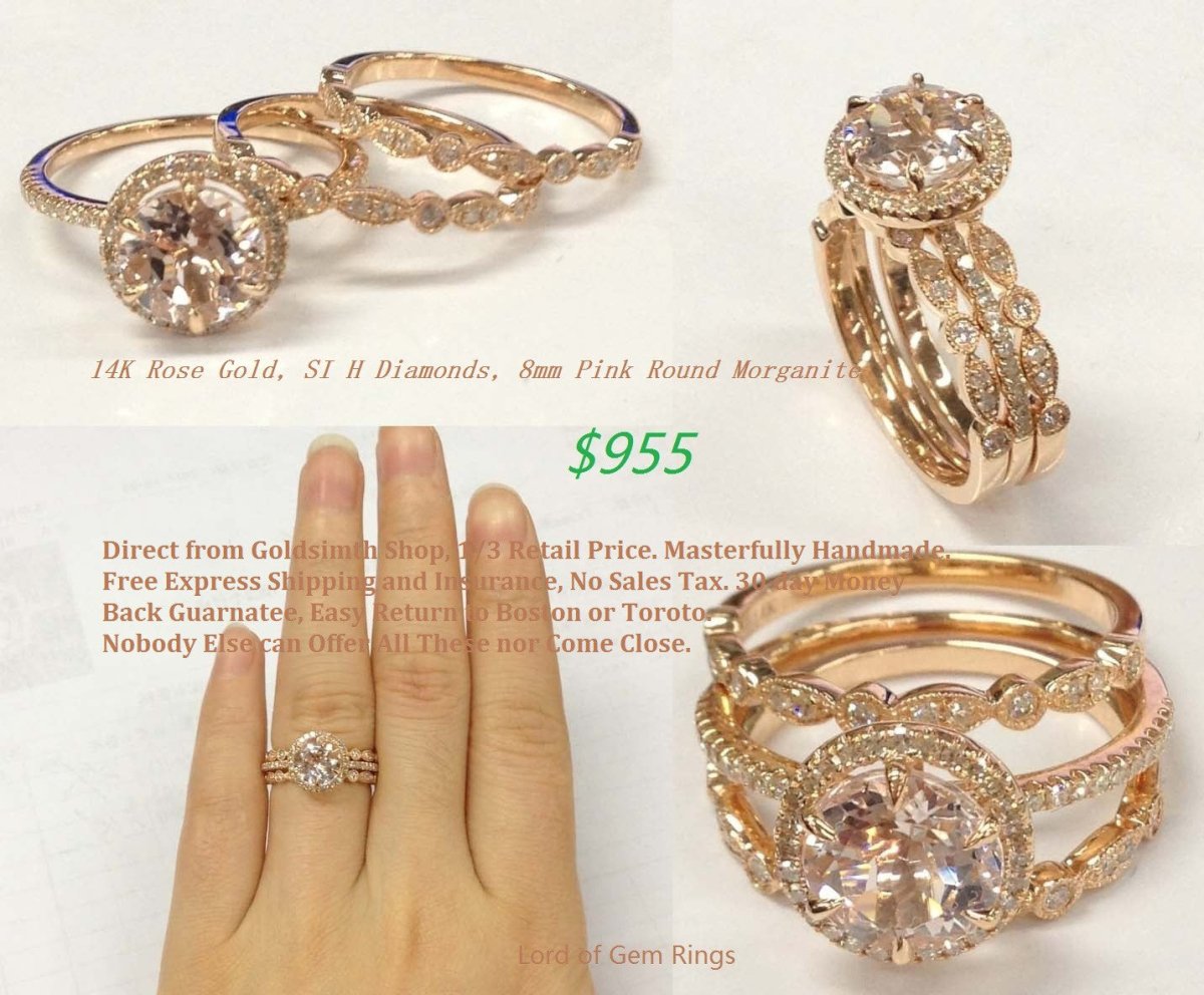 Reserved for Keri heart Morganite Engagement Ring Trio Bridal Set 14K Rose Gold - Lord of Gem Rings