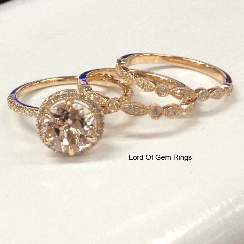 Reserved for Keri heart Morganite Engagement Ring Trio Bridal Set 14K Rose Gold - Lord of Gem Rings