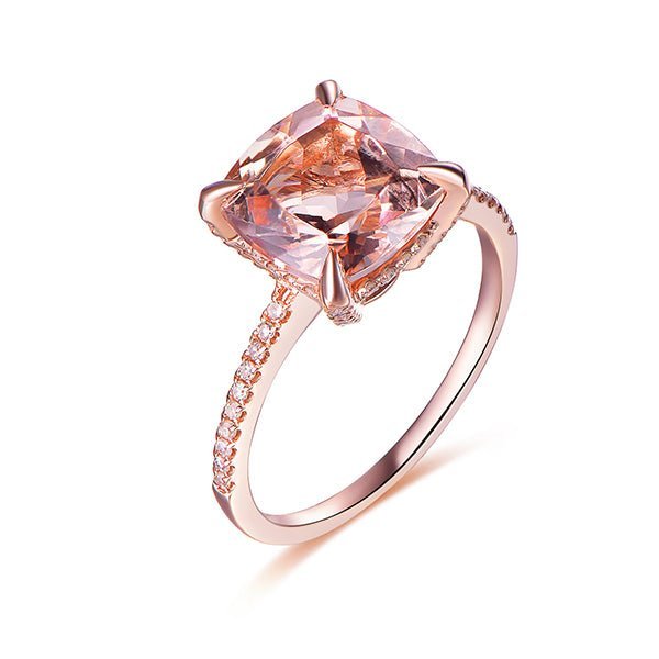 Reserved for Kerry: 8mm Cushion Pink Morganite Engagement Ring Hidden Diamond Halo Bridal Set - Lord of Gem Rings