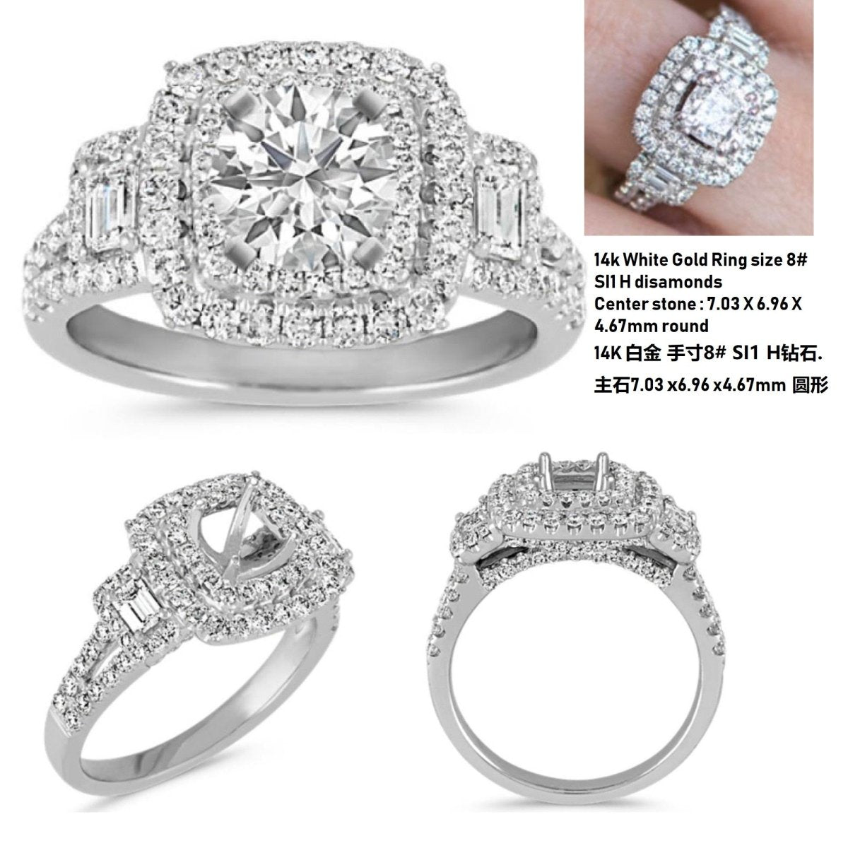 Reserved for KND Semi Mount Ring Diamond Double halo split shank 14K White Gold Round 7mm - Lord of Gem Rings