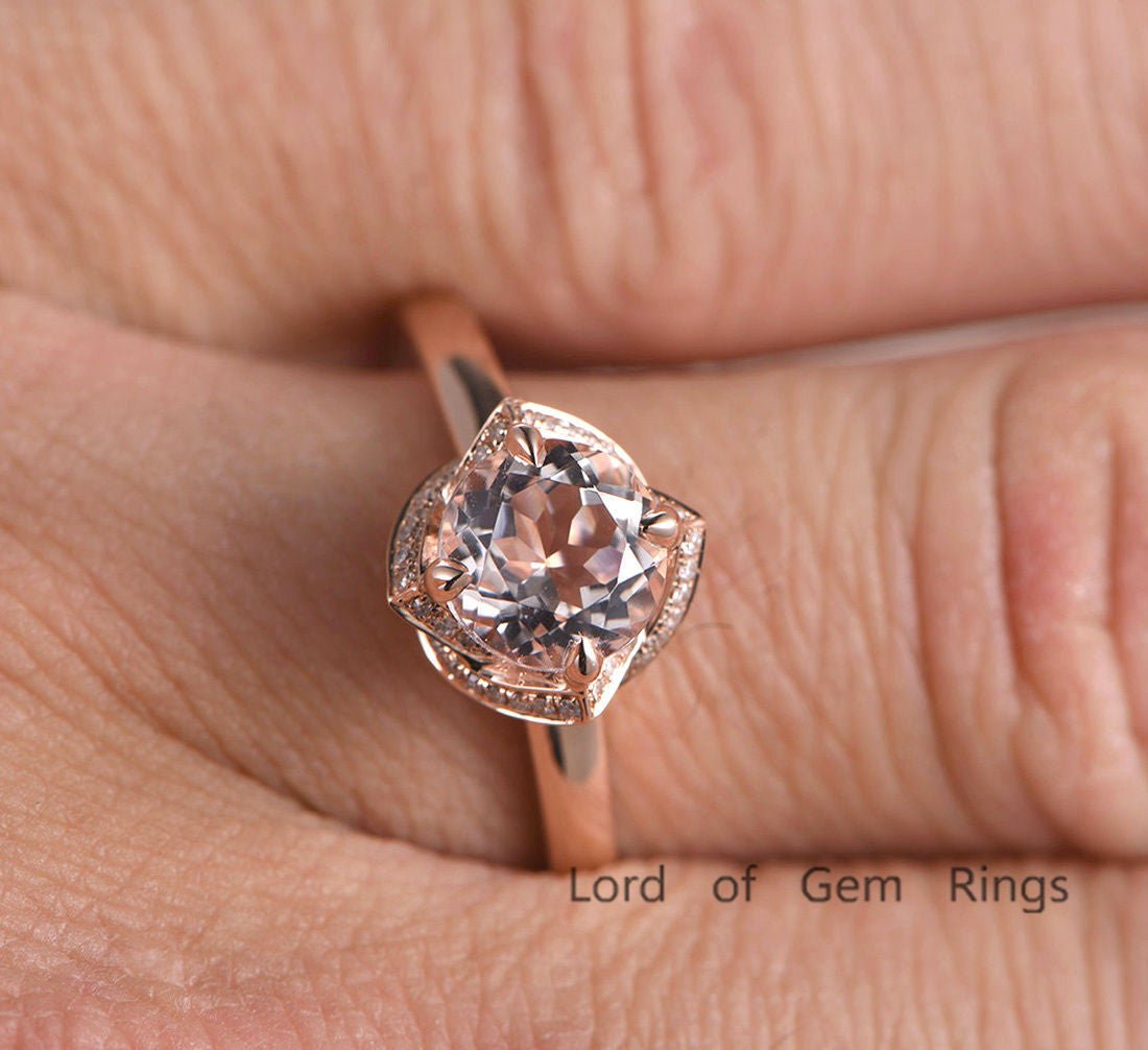 Reserved for Luke: Round Morganite Engagement Ring Pave VS Diamond Wedding 18K Rose Gold 7mm - Lord of Gem Rings