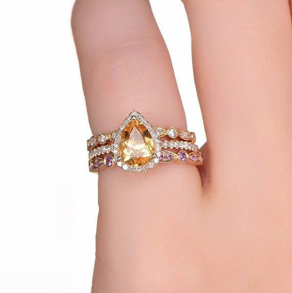 Reserved for Mie: Pear Citrine Amethyst Trio Bridal Set and 10mm Moissanite Earrings 14K Gold Plated Silver - Lord of Gem Rings