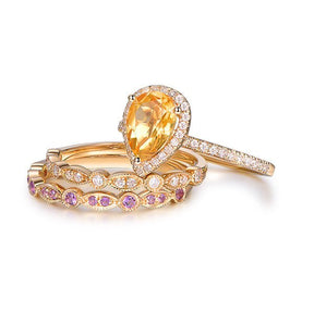 Reserved for Mie: Pear Citrine Amethyst Trio Bridal Set and 10mm Moissanite Earrings 14K Gold Plated Silver - Lord of Gem Rings