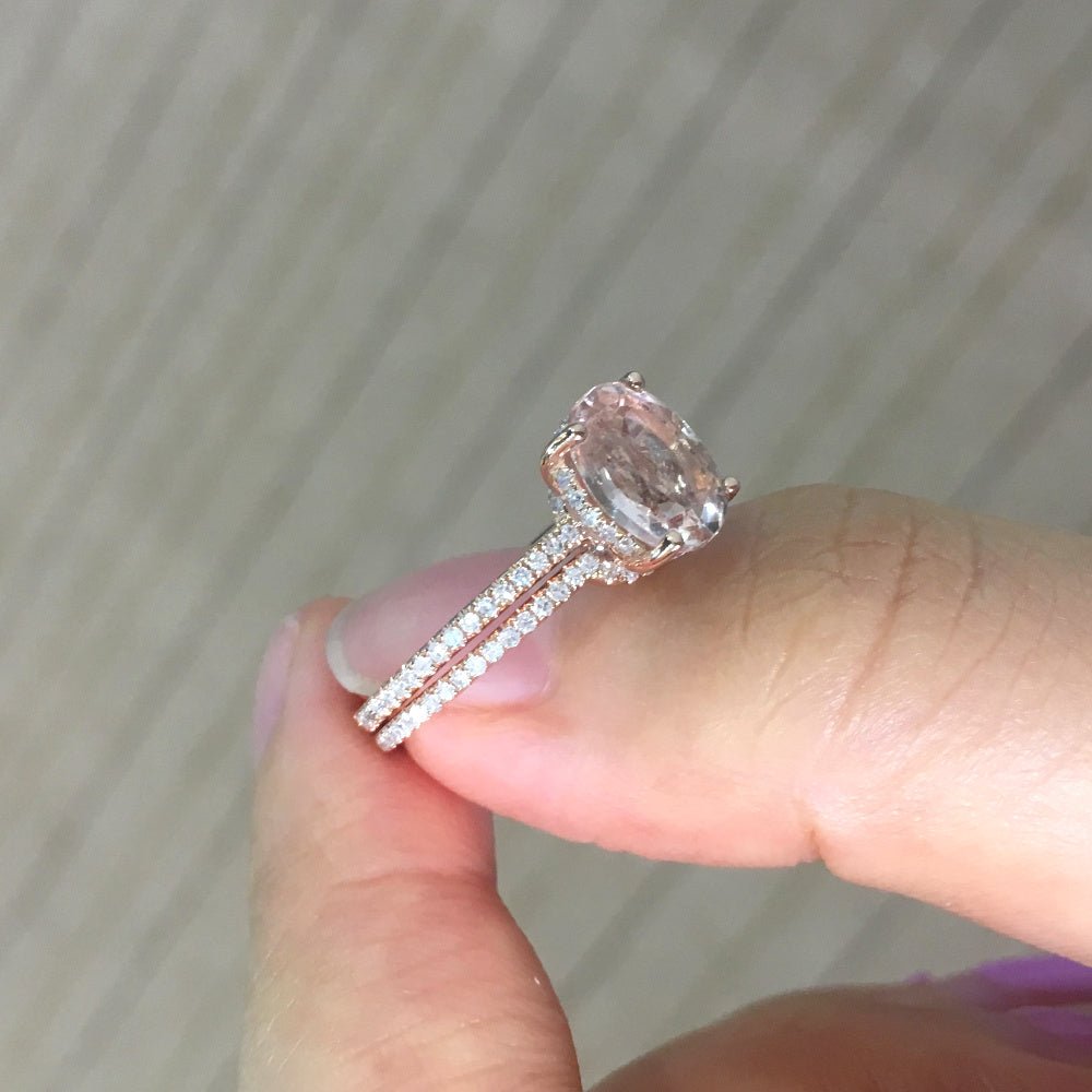 Reserved for Rebecca Oval Morganite Ring Bridal Set 14K Rose Gold - Lord of Gem Rings