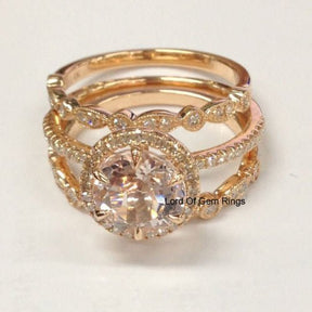 Reserved for Tiare,Custom 7x10mm Pear Peach Morganite 3 Wedding Ring Set - Lord of Gem Rings