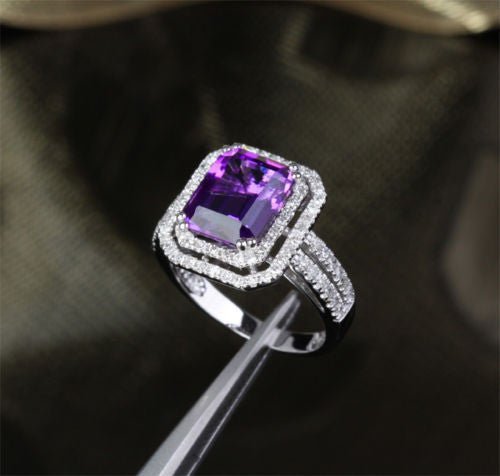 Reserved for will Emerald Cut Amethyst Engagement Ring Pave Diamond Wedding 14k White Gold - Lord of Gem Rings