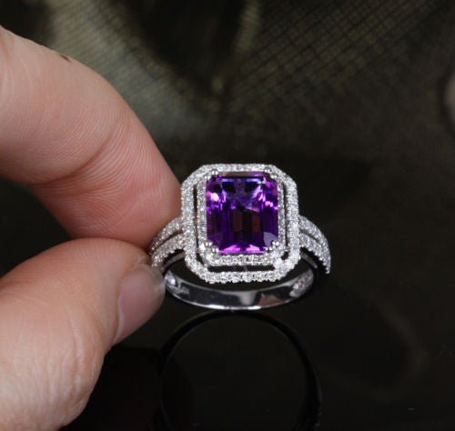 Reserved for will Emerald Cut Amethyst Engagement Ring Pave Diamond Wedding 14k White Gold - Lord of Gem Rings