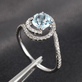 Round Aquamarine Bybass Ring Diamond Accents 14K White Gold - Lord of Gem Rings