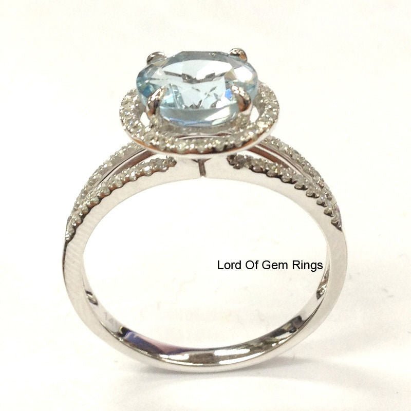 Round Aquamarine Diamond Halo Split Shank 14K White Gold - Lord of Gem Rings