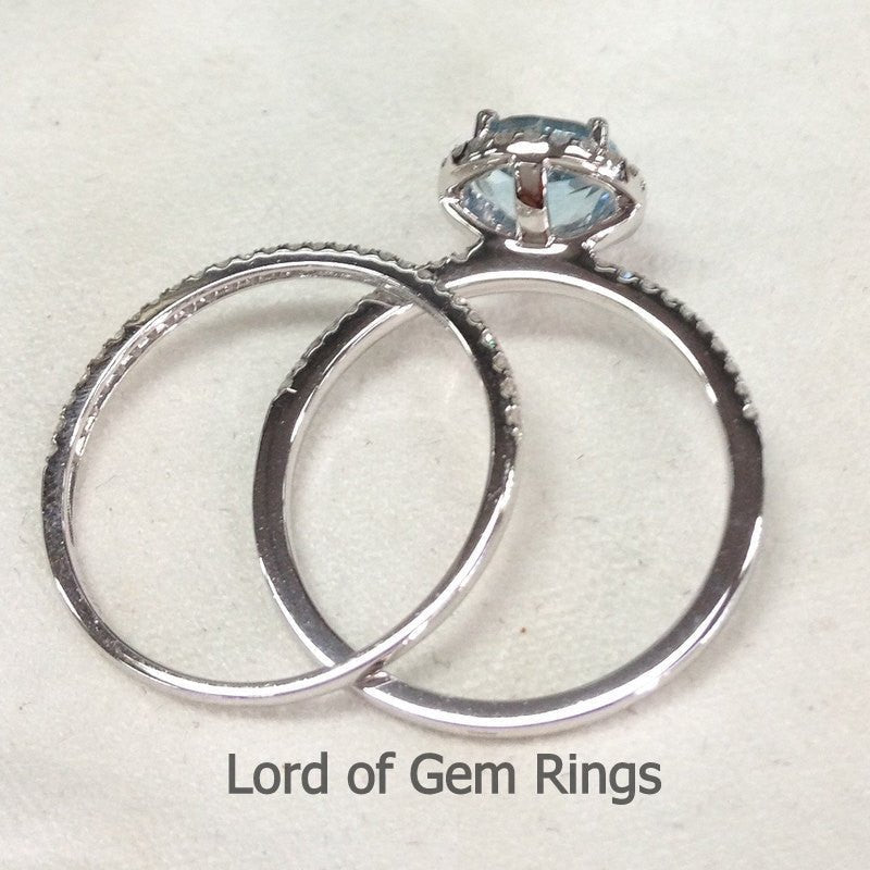 Round Aquamarine Halo Ring Pave Diamond Accents Bridal Set - Lord of Gem Rings