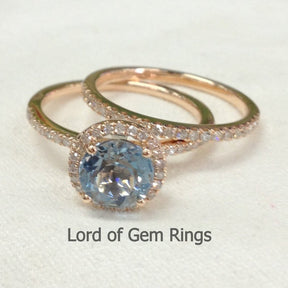 Round Aquamarine Halo Ring Pave Diamond Accents Bridal Set - Lord of Gem Rings