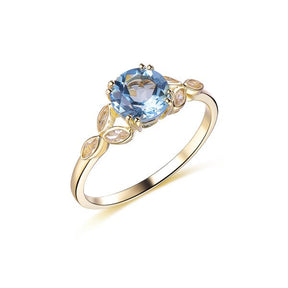 Round Aquamarine Marquise Moissanite Leaf Ring 14K Yellow Gold - Lord of Gem Rings