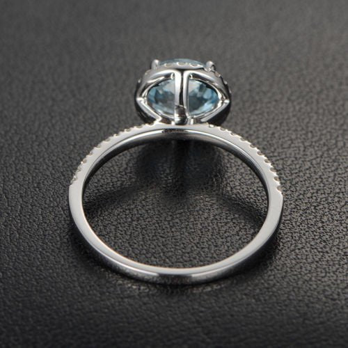 Round Aquamarine Ring Diamond Halo with Accents 14K White Gold - Lord of Gem Rings