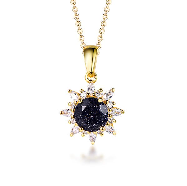 Round Blue SandStone Marquise Moissanite Pendant 14K Yellow Gold - Lord of Gem Rings