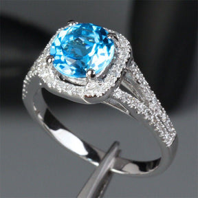 Round Blue Topaz Diamond Halo Split Shank Ring 14K White Gold - Lord of Gem Rings