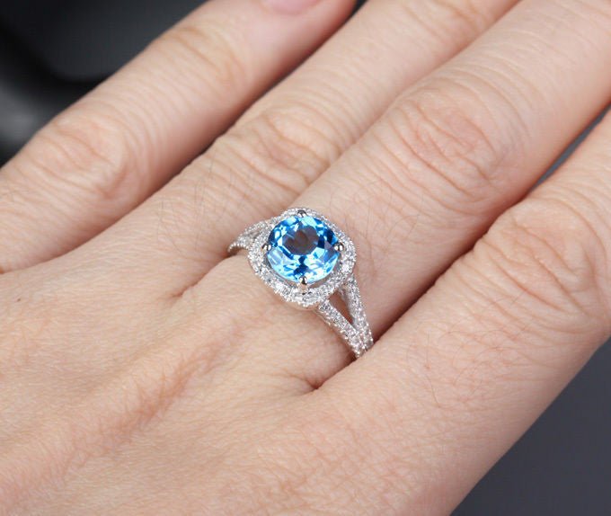 Round Blue Topaz Diamond Halo Split Shank Ring 14K White Gold - Lord of Gem Rings