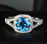 Round Blue Topaz Diamond Halo Split Shank Ring 14K White Gold - Lord of Gem Rings