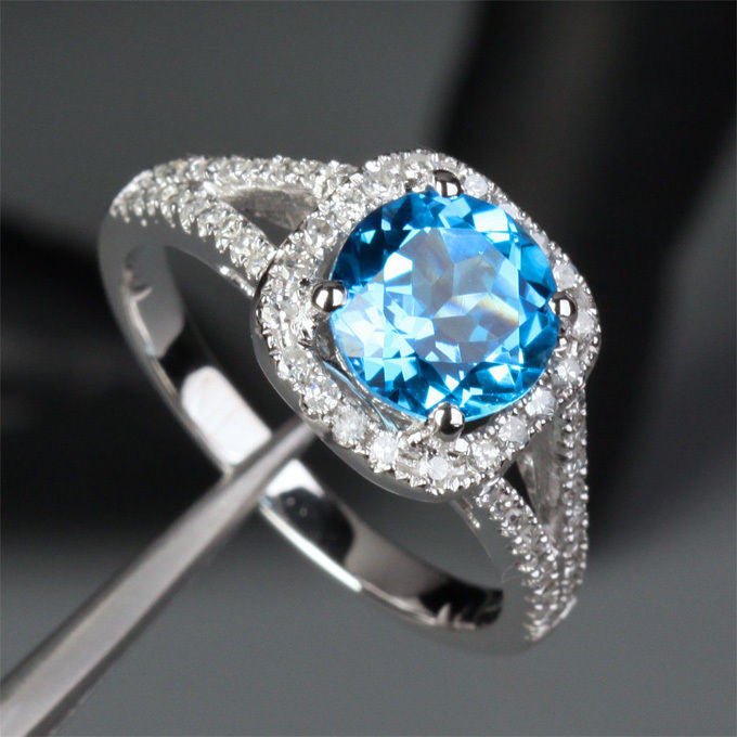 Round Blue Topaz Diamond Halo Split Shank Ring 14K White Gold - Lord of Gem Rings