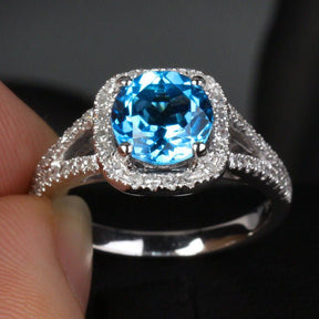 Round Blue Topaz Diamond Halo Split Shank Ring 14K White Gold - Lord of Gem Rings