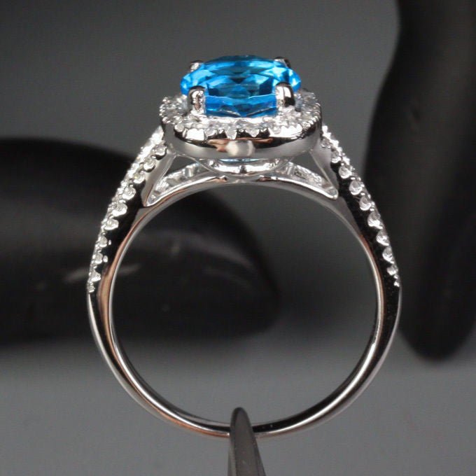 Round Blue Topaz Diamond Halo Split Shank Ring 14K White Gold - Lord of Gem Rings