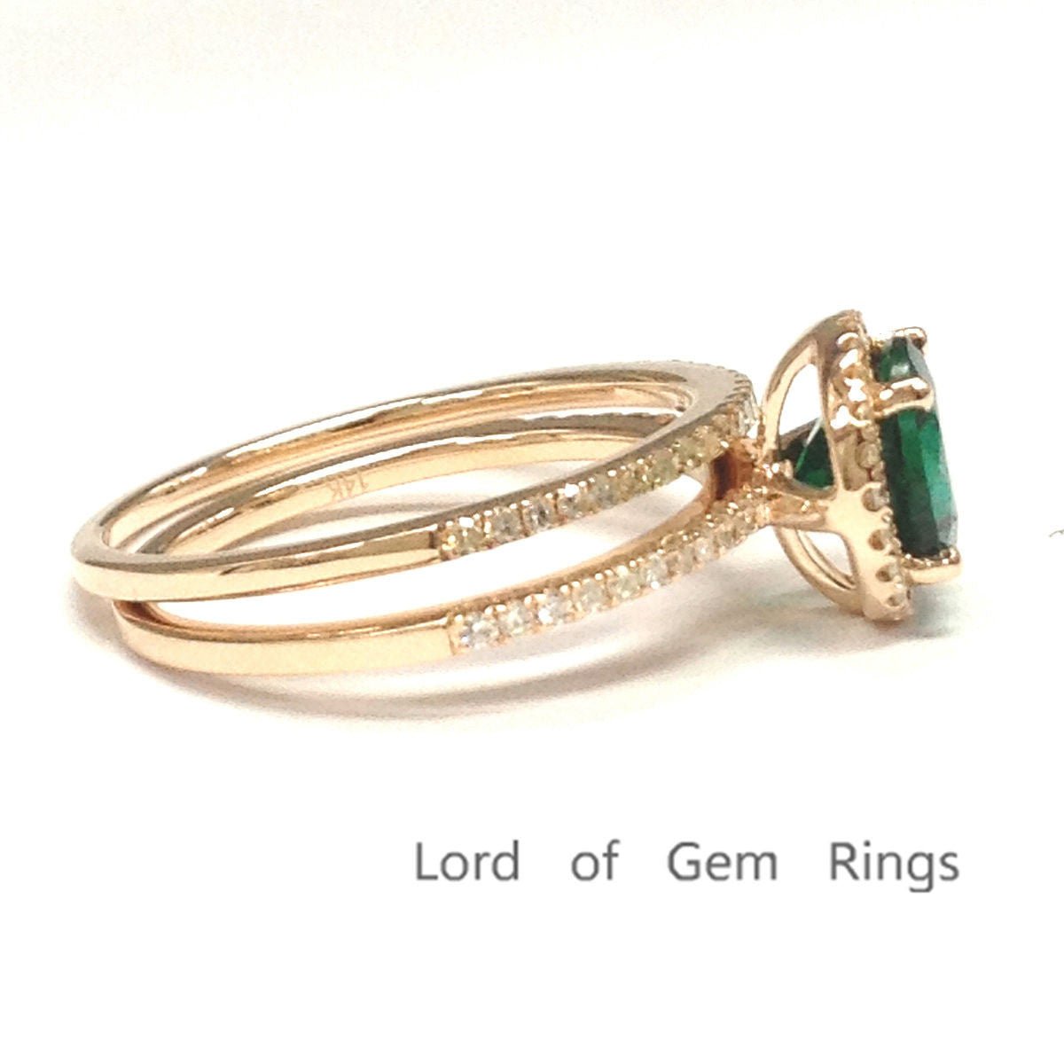 Round Emerald Diamond Bridal Set 14k Rose Gold - Lord of Gem Rings