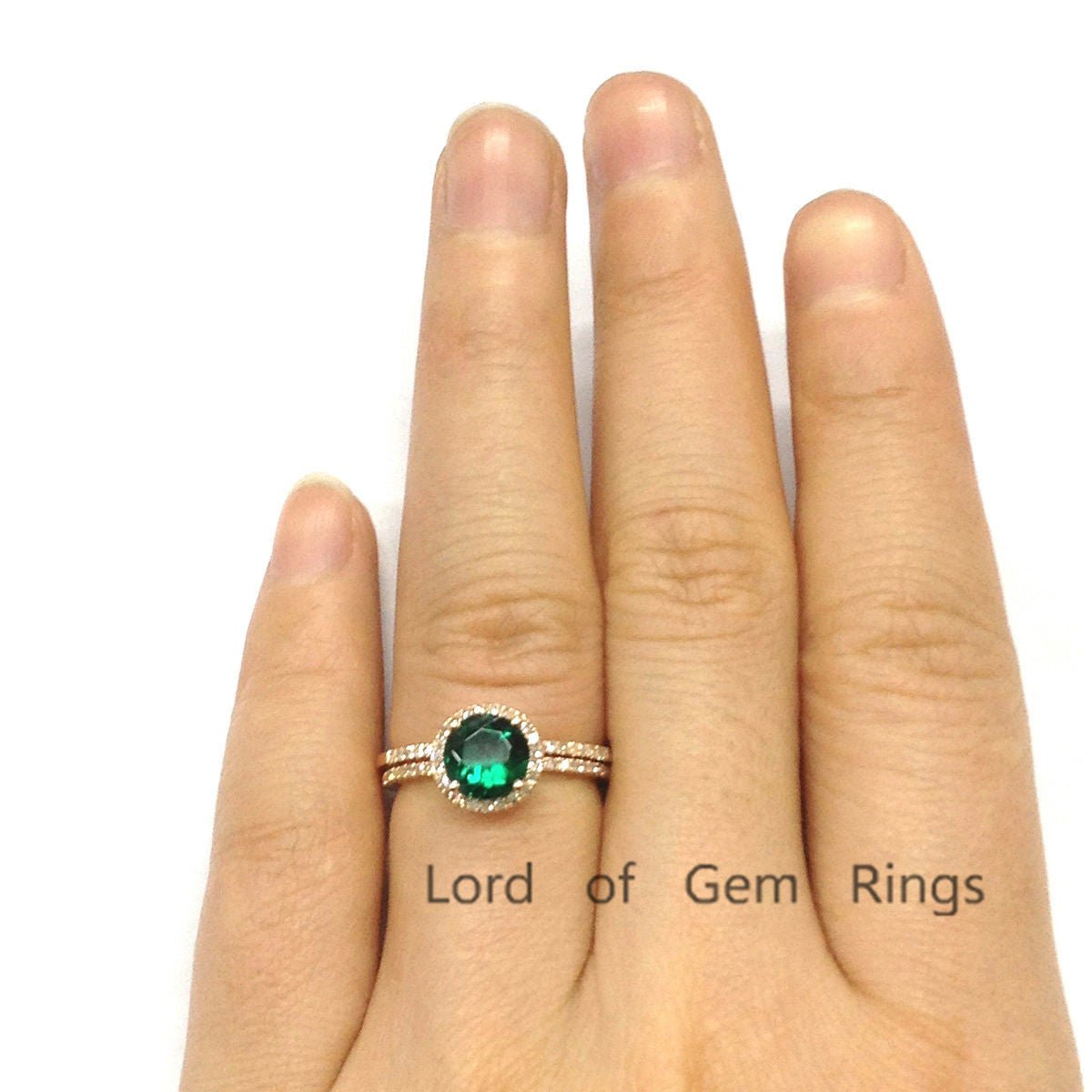 Round Emerald Diamond Bridal Set 14k Rose Gold - Lord of Gem Rings