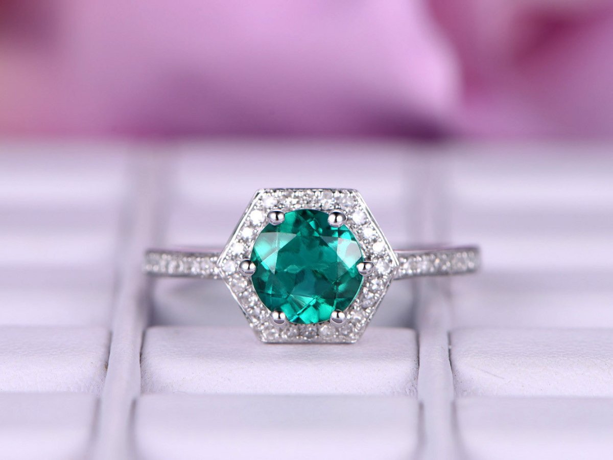 Round Emerald Diamond Hexagon Halo Engagement Ring - Lord of Gem Rings