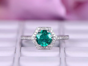 Round Emerald Diamond Hexagon Halo Engagement Ring - Lord of Gem Rings