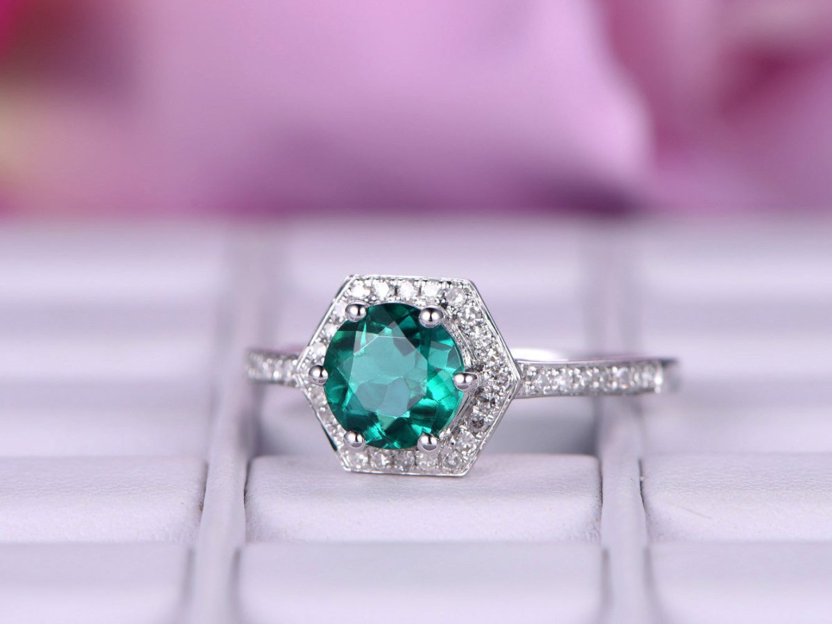 Round Emerald Diamond Hexagon Halo Engagement Ring - Lord of Gem Rings