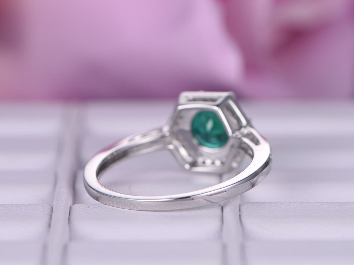 Round Emerald Diamond Hexagon Halo Engagement Ring - Lord of Gem Rings