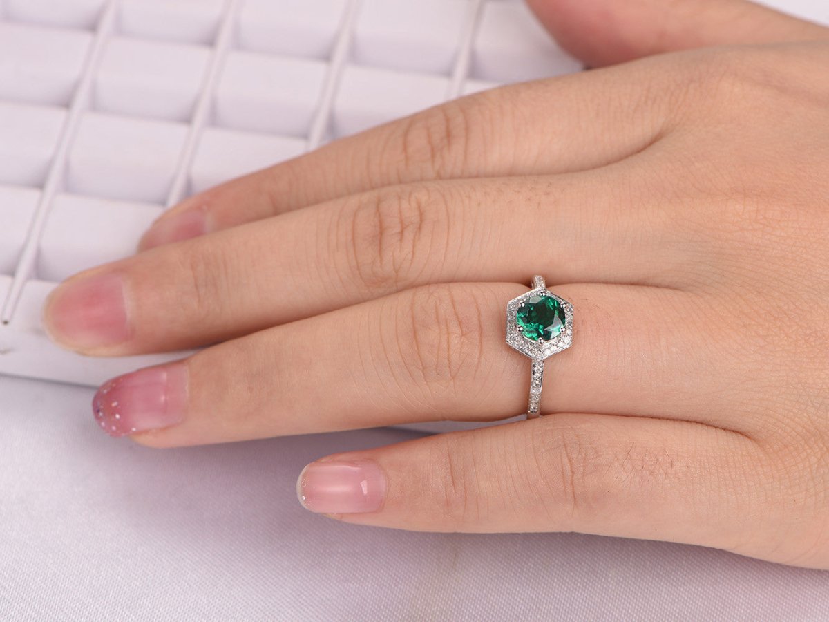 Round Emerald Diamond Hexagon Halo Engagement Ring - Lord of Gem Rings