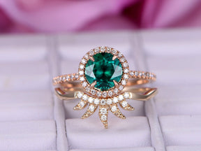 Round Emerald & Diamond Tiara Bridal Set 14K Two-Tone Gold - Lord of Gem Rings