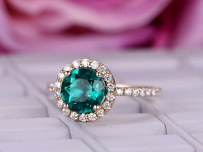 Round Emerald Halo Ring with Moissanite Accents 14k Yellow Gold - Lord of Gem Rings