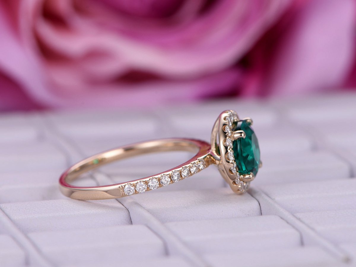 Round Emerald Halo Ring with Moissanite Accents 14k Yellow Gold - Lord of Gem Rings