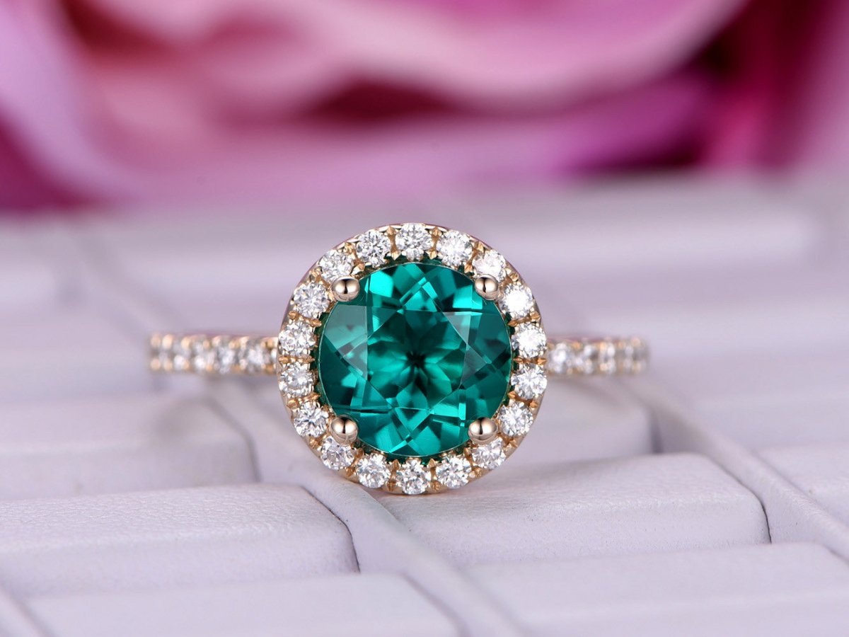 Round Emerald Halo Ring with Moissanite Accents 14k Yellow Gold - Lord of Gem Rings