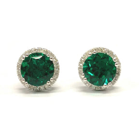 Round Green Emerald Earrings Diamond Halo Stud 14K White Gold - Lord of Gem Rings